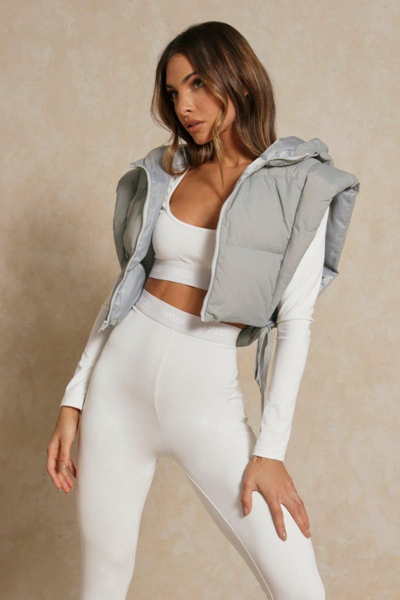 Grey Tie Side Hooded Cropped Puffer Vest Vests