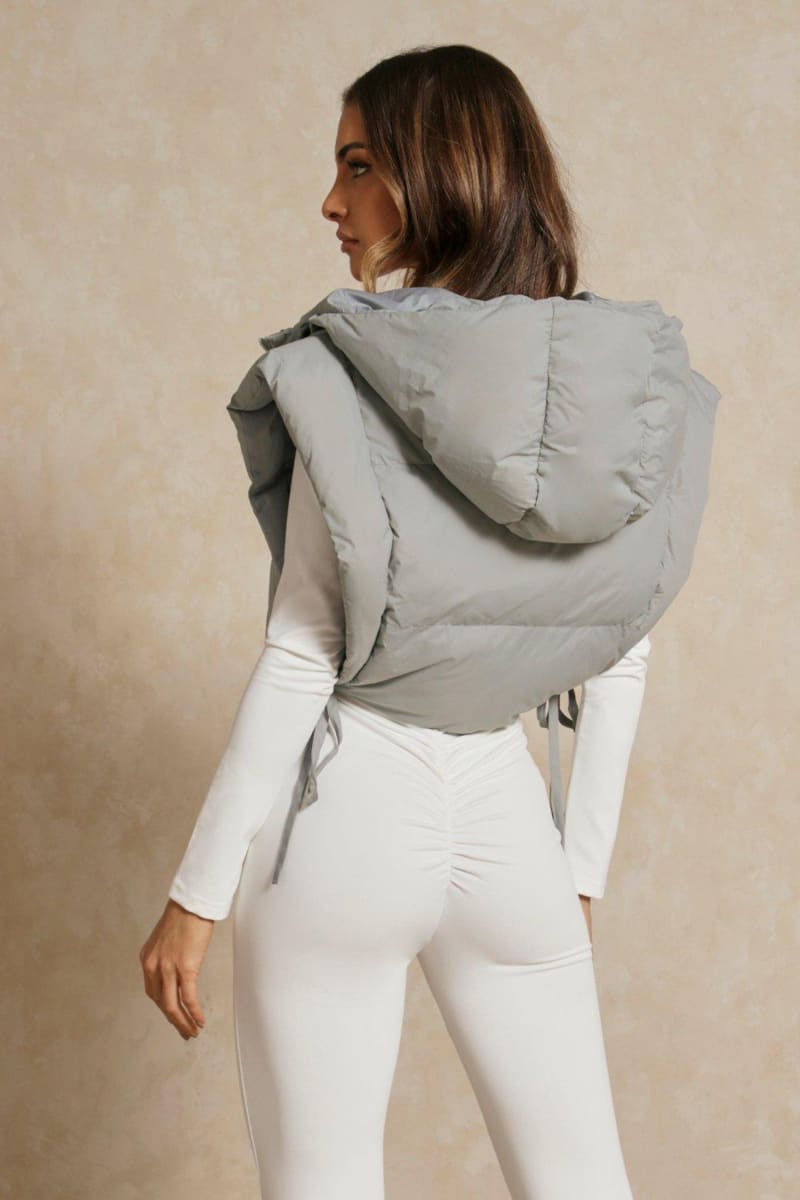 Grey Tie Side Hooded Cropped Puffer Vest Vests