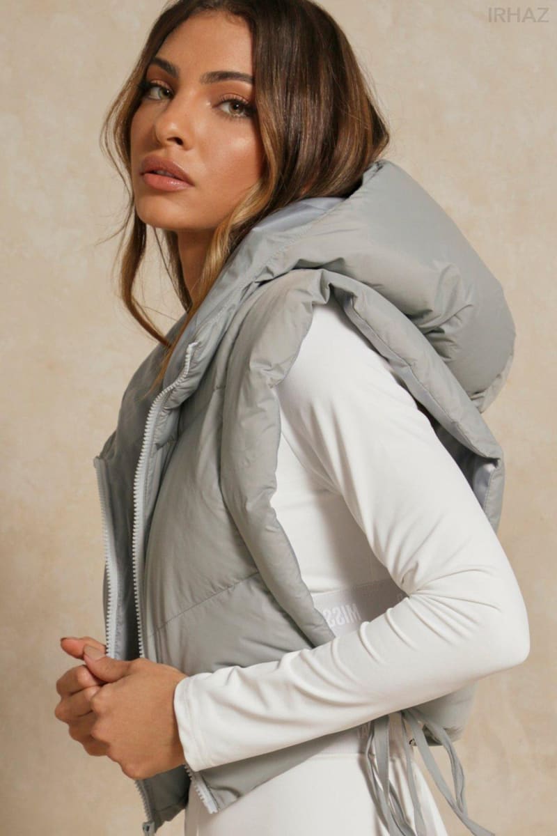 Grey Tie Side Hooded Cropped Puffer Vest Vests