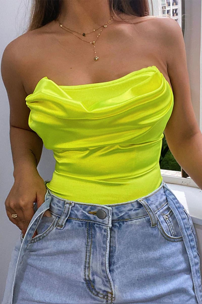 Neon Green Strapless Ruched Bodysuit Leotards & Unitards