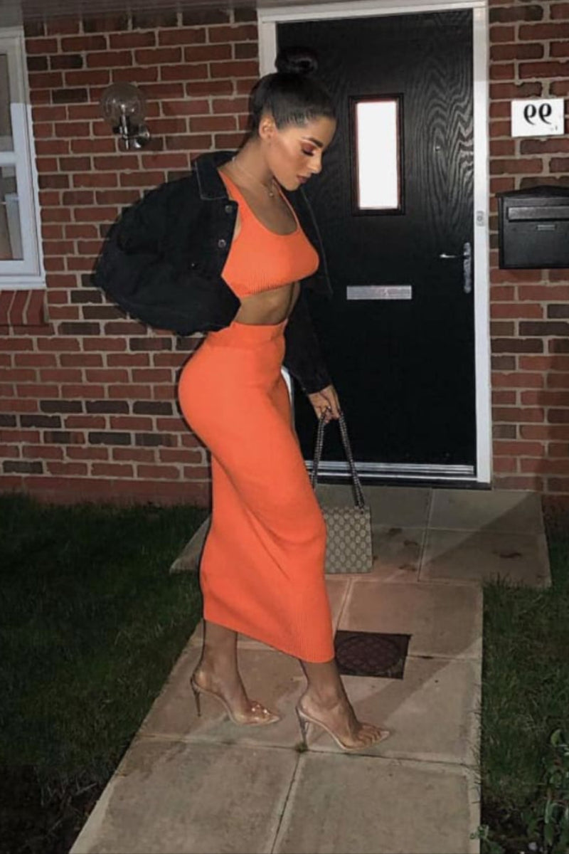 Neon Orange Ribbed Maxi Two Piece Crop Top Skirt Set Skirt Set