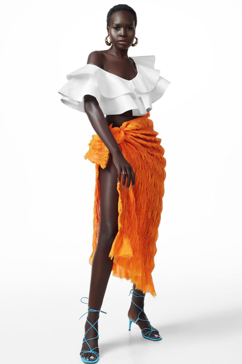 Orange Wrap Tie Ruffle Split Midi Skirt Skirts
