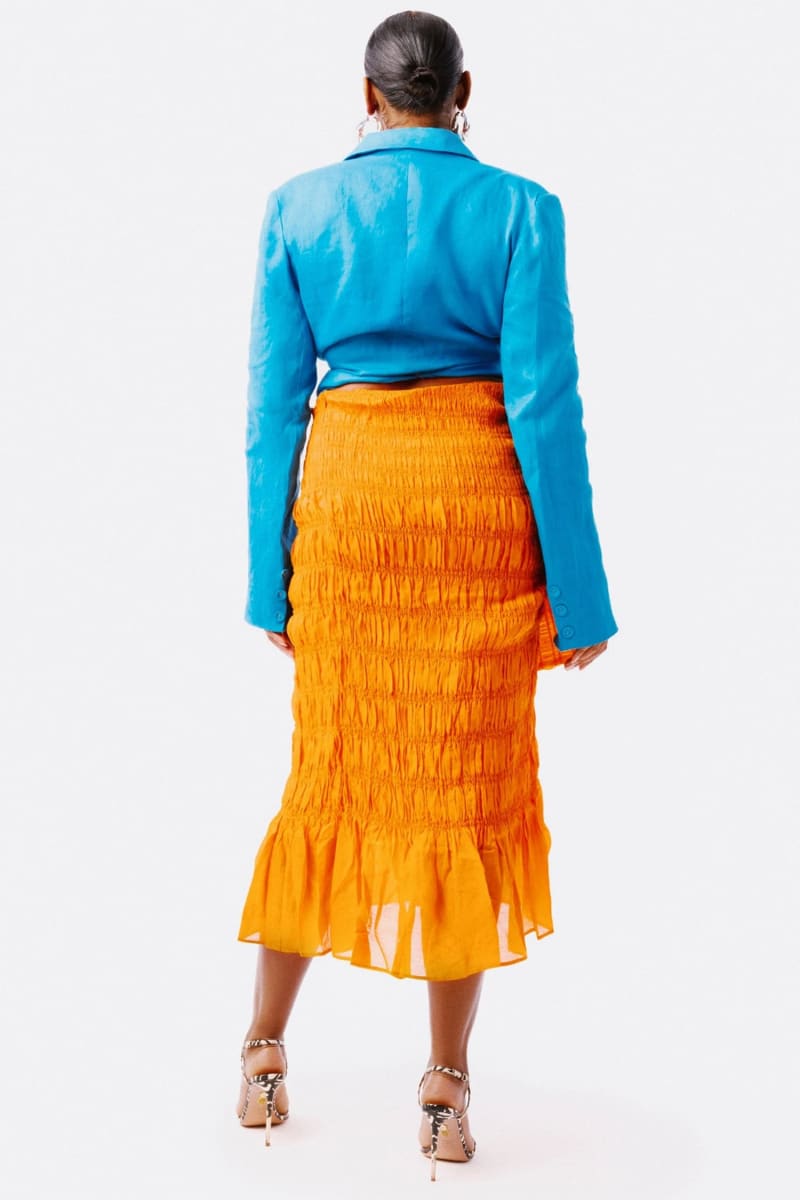 Orange Wrap Tie Ruffle Split Midi Skirt Skirts