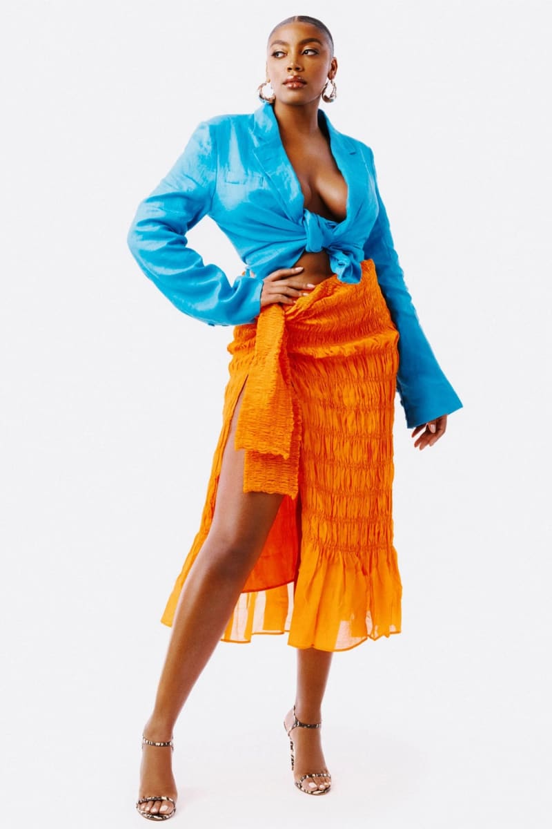 Orange Wrap Tie Ruffle Split Midi Skirt Skirts