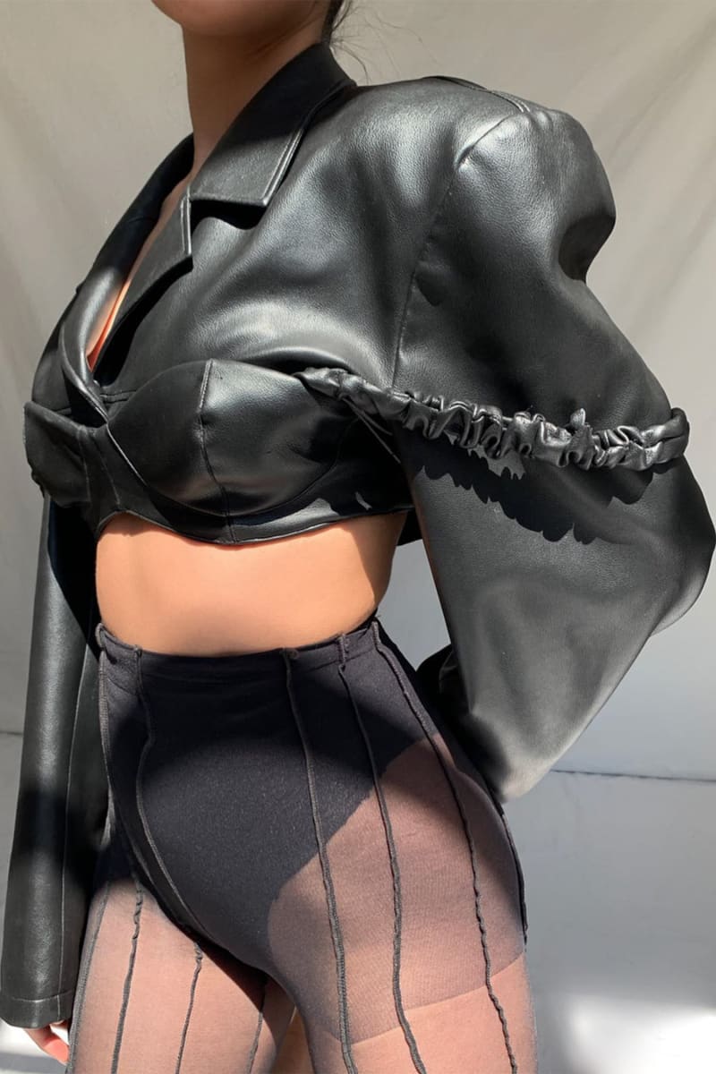 Black Leather Cropped Jacket With Bra Xs Coats & Jackets