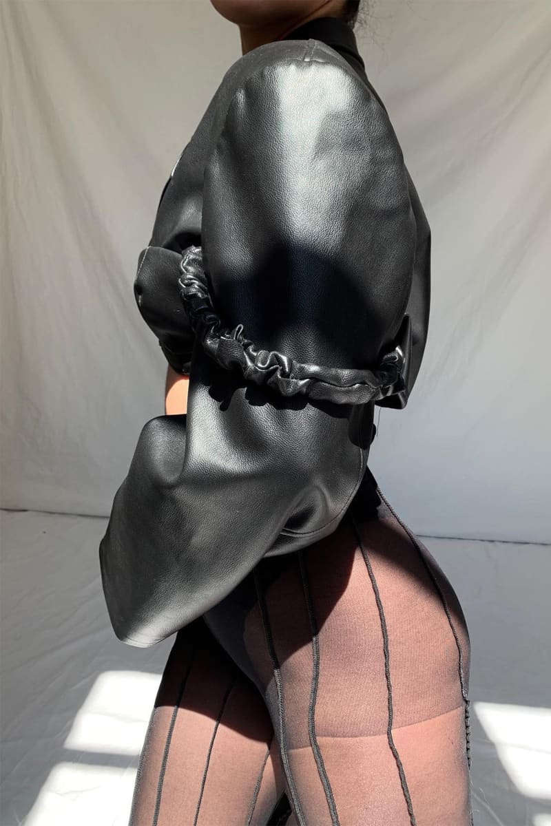 Black Leather Cropped Jacket With Bra Coats & Jackets