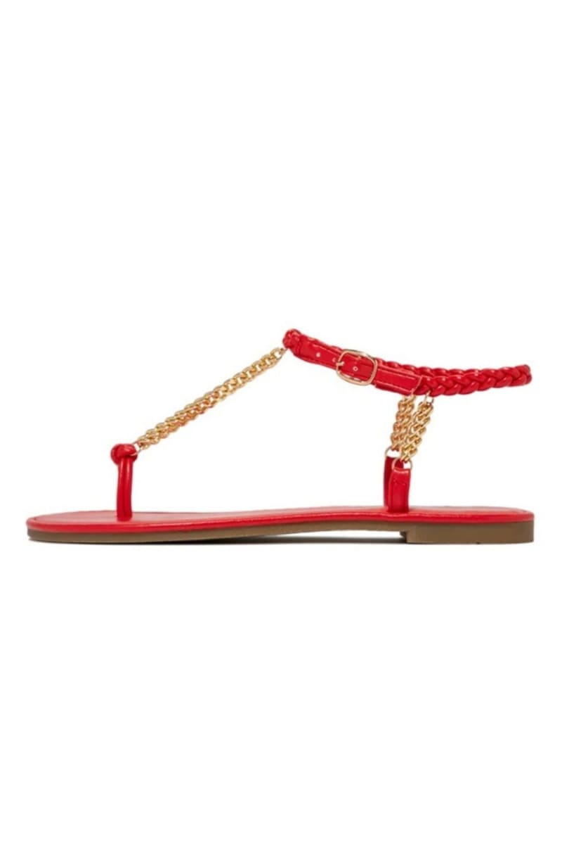 Red Woven Ankle Straps Chain Flat Sandals Shoes