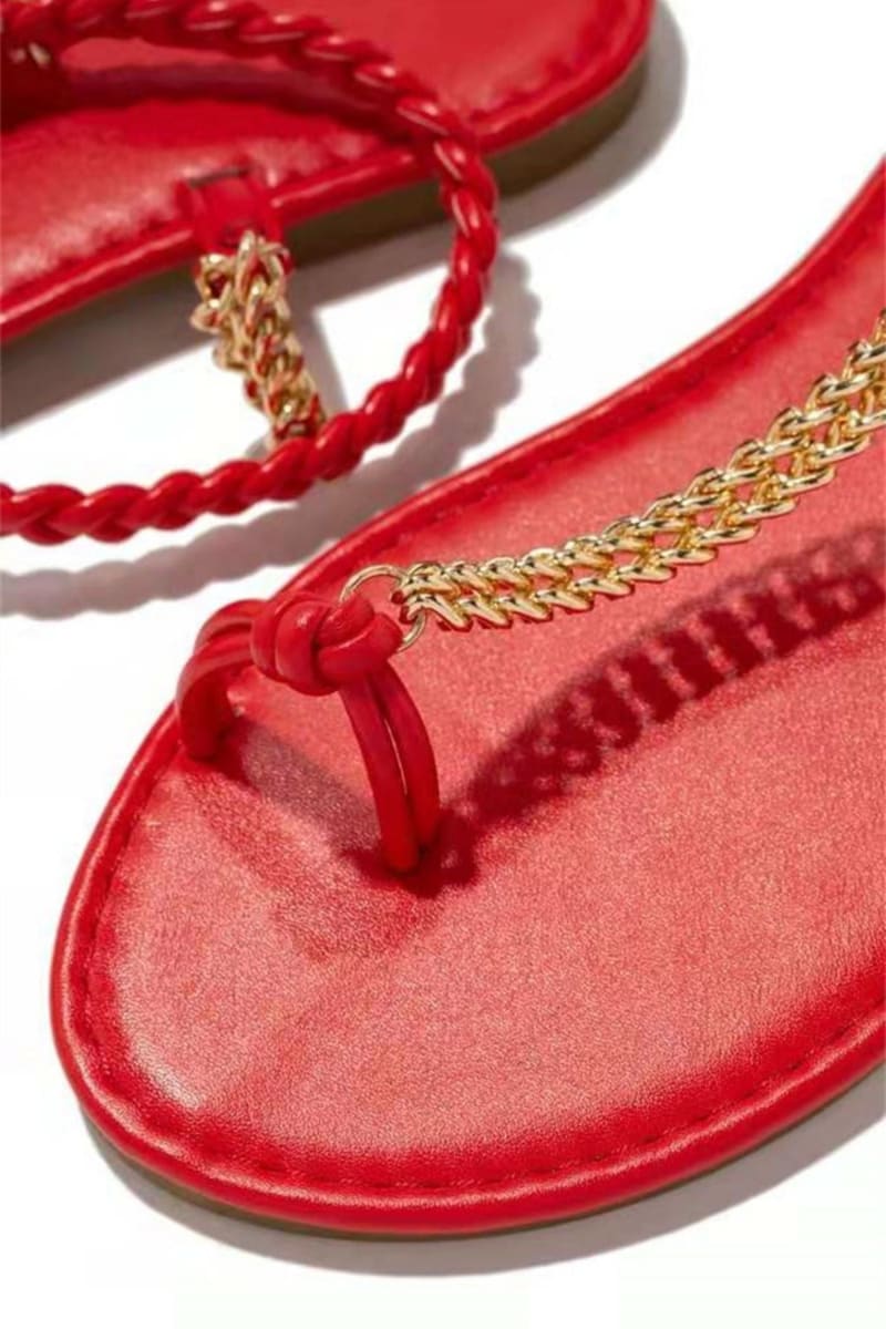 Red Woven Ankle Straps Chain Flat Sandals Shoes