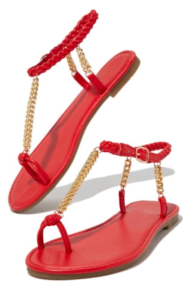 Red Woven Ankle Straps Chain Flat Sandals Shoes