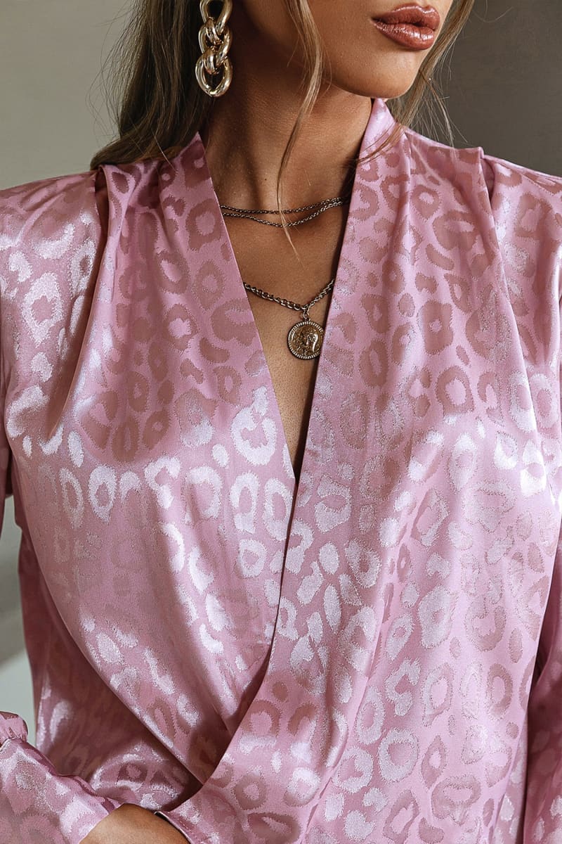 Rose Gold Leopard Print Satin Wrap Crop Blouse Shirts & Tops