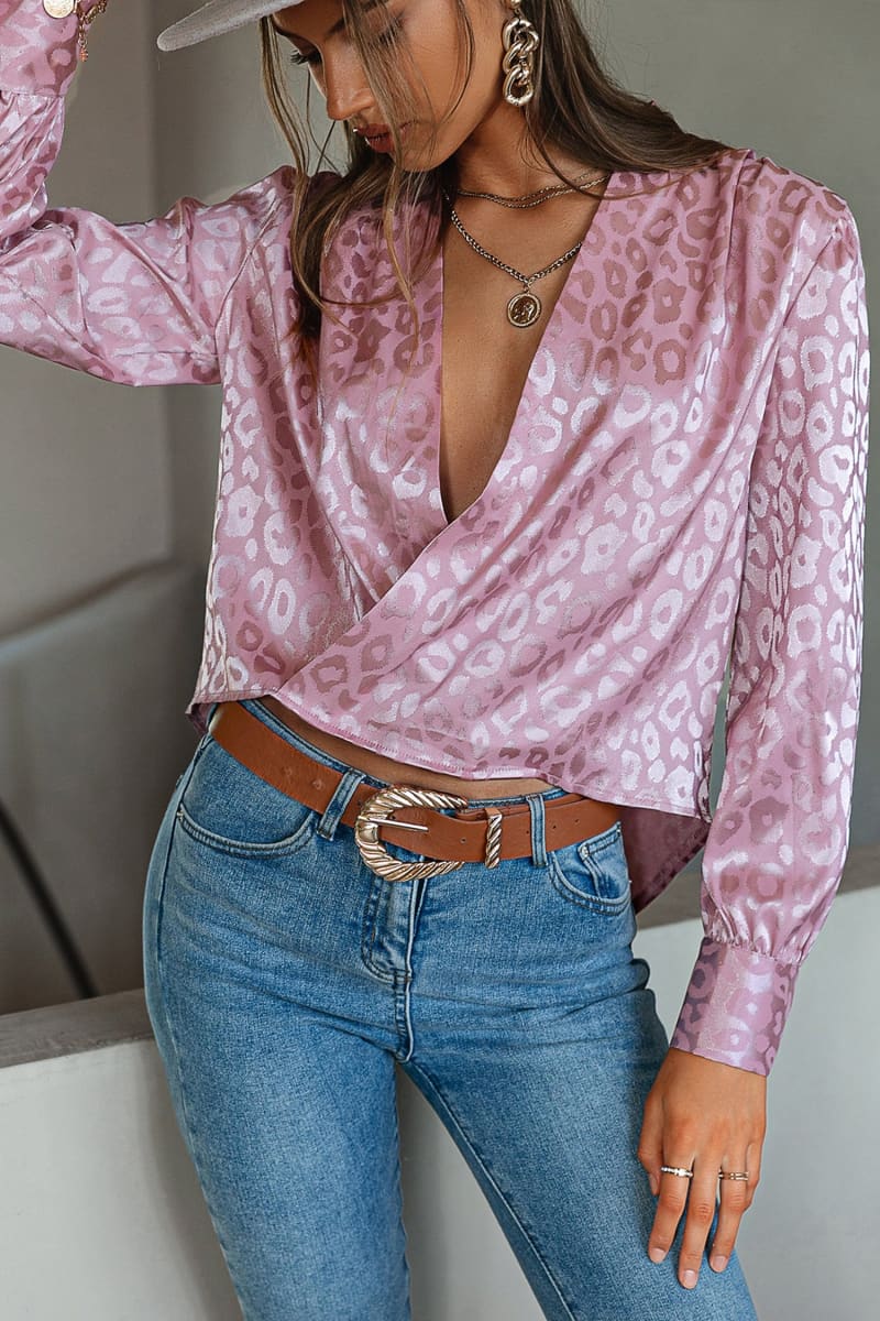 Rose Gold Leopard Print Satin Wrap Crop Blouse Shirts & Tops
