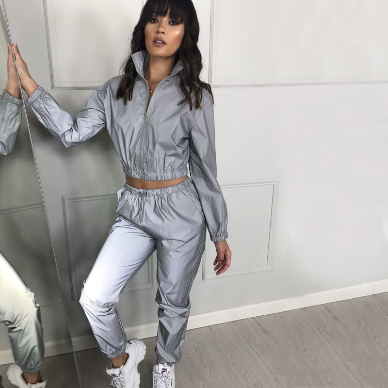 Women Tracksuits 2 Piece Set Reflective Crop Top Pants Fashion Female Loose Zipper Shine Jacket Coat
