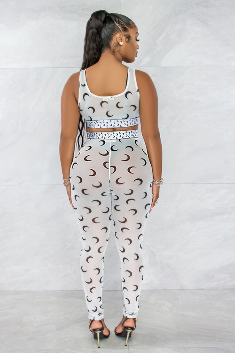White Crescent Moon Print Cropped Tank Top & Mesh Leggings Set