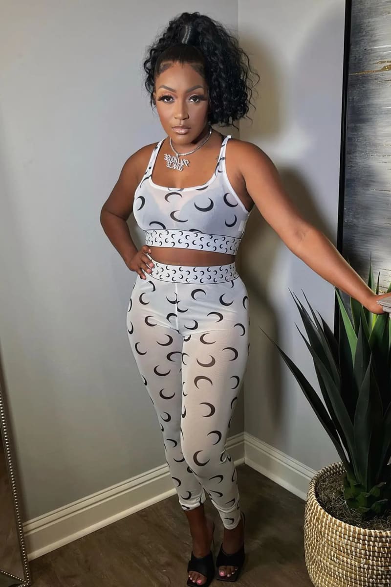 White Crescent Moon Print Cropped Tank Top & Mesh Leggings Set
