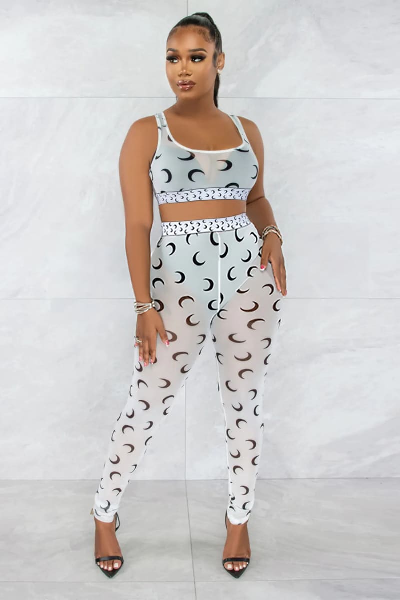 White Crescent Moon Print Cropped Tank Top & Mesh Leggings Set