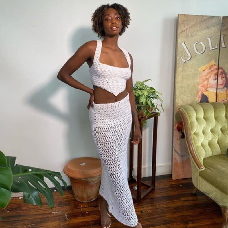 White Crochet Long Skirt And Crop Top Set / S