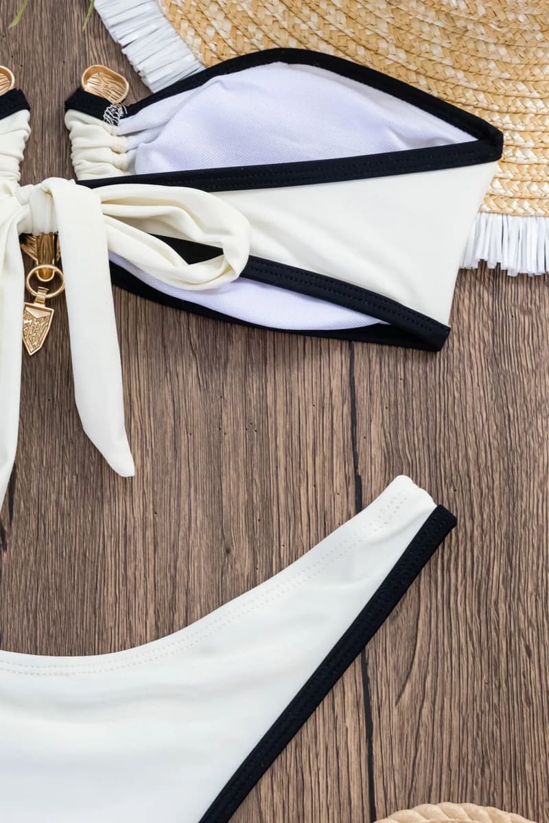 White High Leg Bandeau Bikini Set with Black Trim and Gold Accents