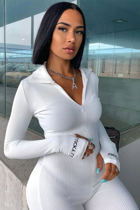 White Long Sleeve Ribbed Turtleneck Jumpsuit