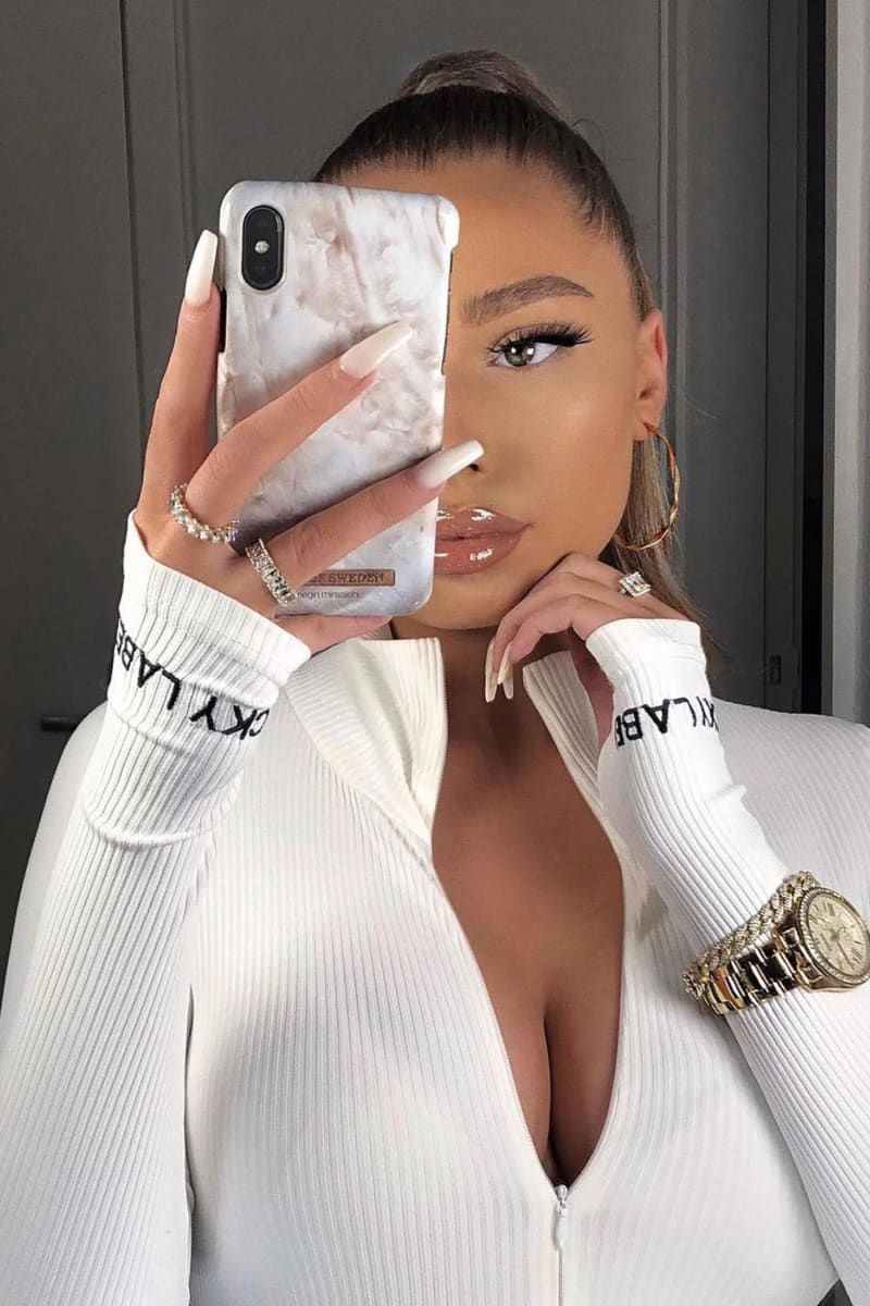 White Long Sleeve Ribbed Turtleneck Jumpsuit