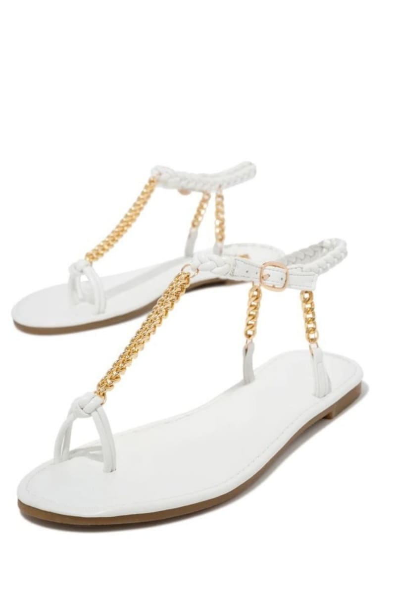 White Woven Ankle Straps Chain Flat Sandals Shoes