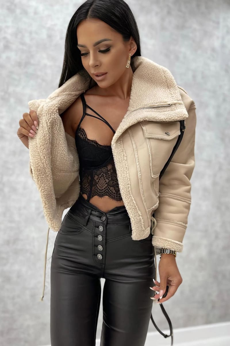 Women's Beige Leather Shearling Aviator Cropped Jacket