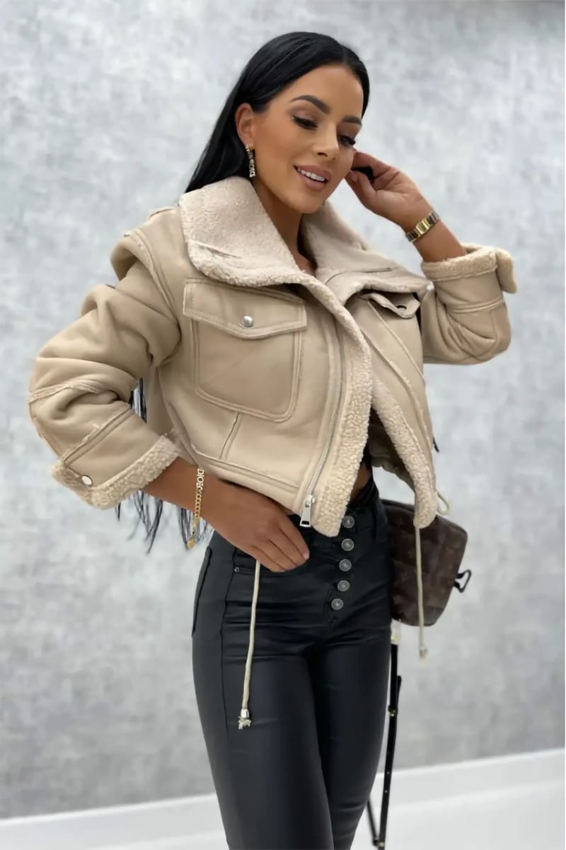 Women's Beige Leather Shearling Aviator Cropped Jacket