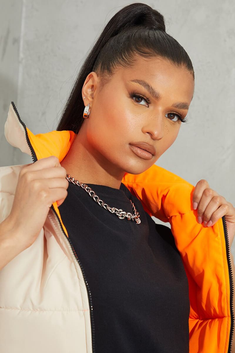 Womens Orange Reversible Cropped Puffer Vest Vests