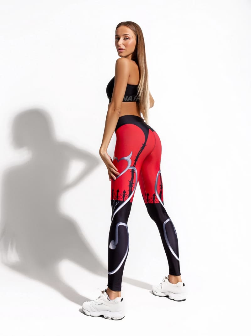 Womens Red And Black Printed Leggings Pant