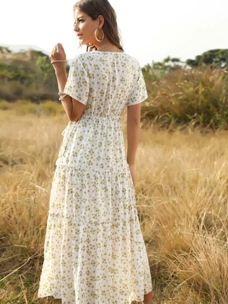 White Long Dress Women Elegant Floral Ruffle Sexy Deep V Neck Slit Dress