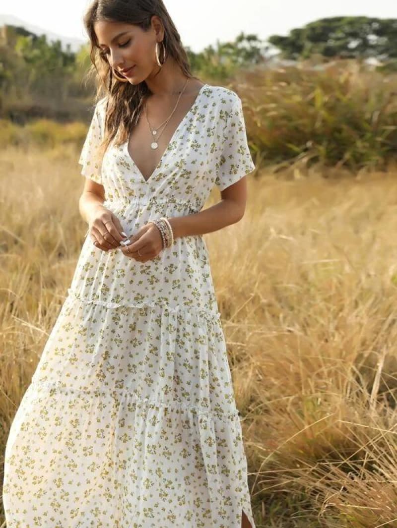 White Long Dress Women Elegant Floral Ruffle Sexy Deep V Neck Slit Dress