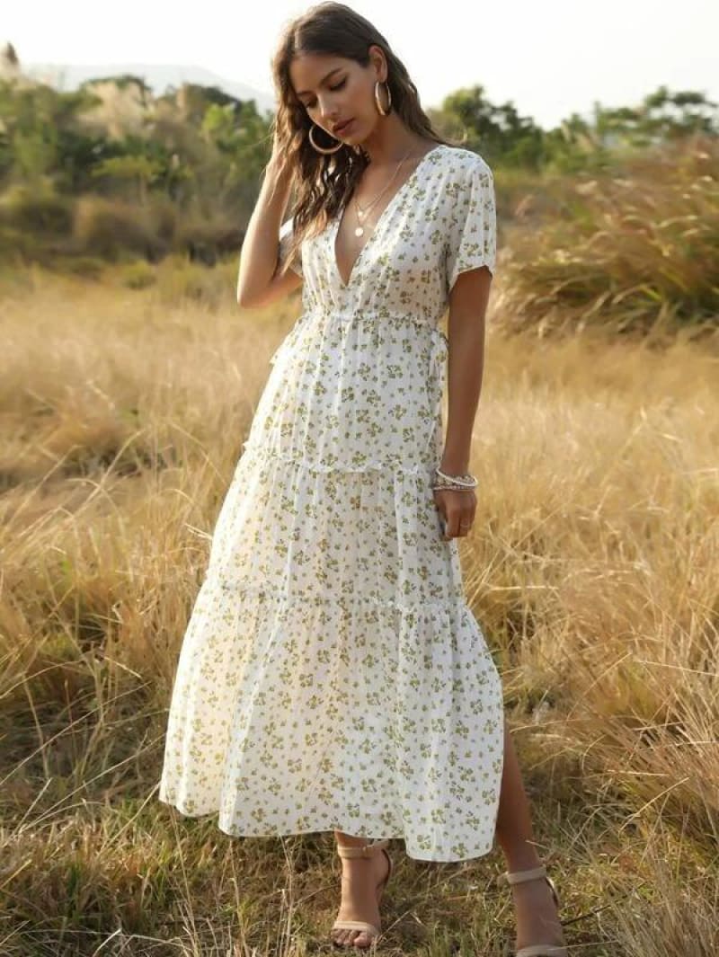White Long Dress Women Elegant Floral Ruffle Sexy Deep V Neck Slit Dress