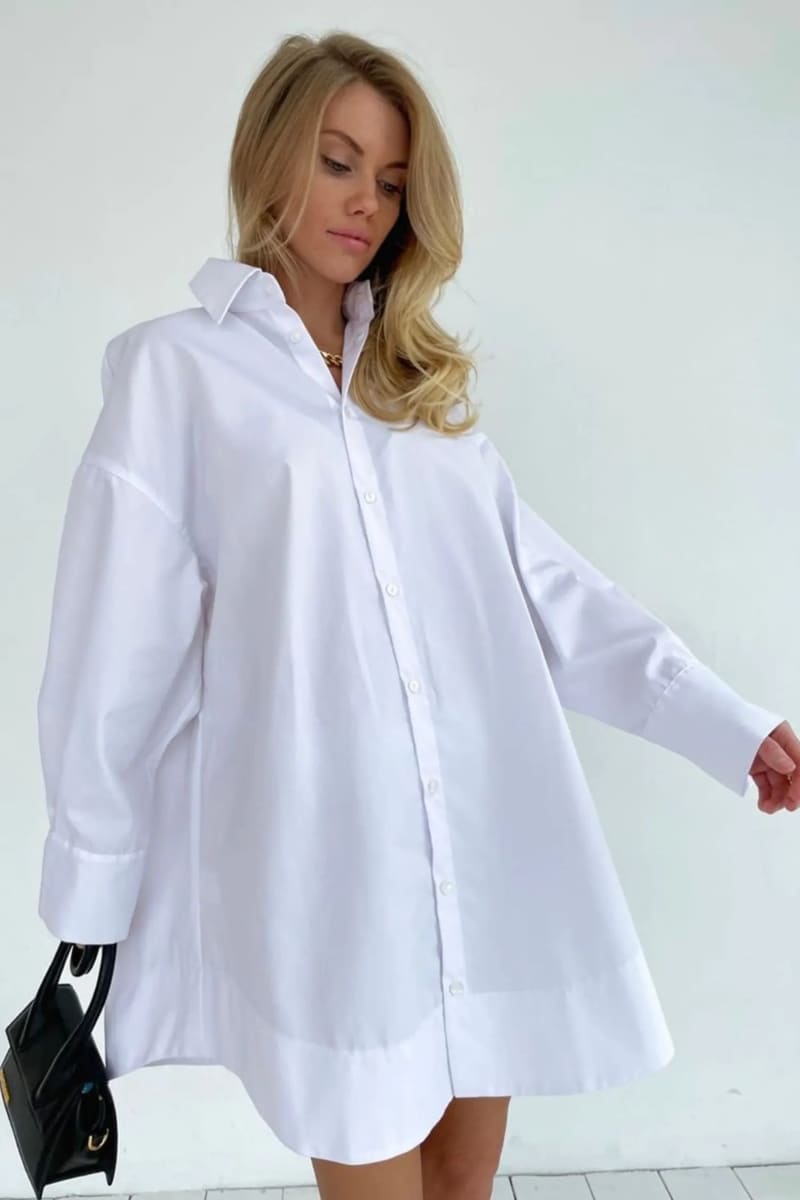 Women's White Long Sleeve Mini Shirt Dress