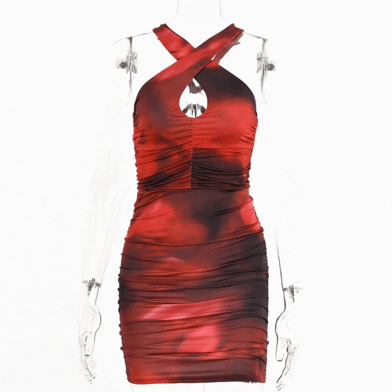 Orange Bodycon Ruched Halterneck Mesh Keyhole Mini Dress