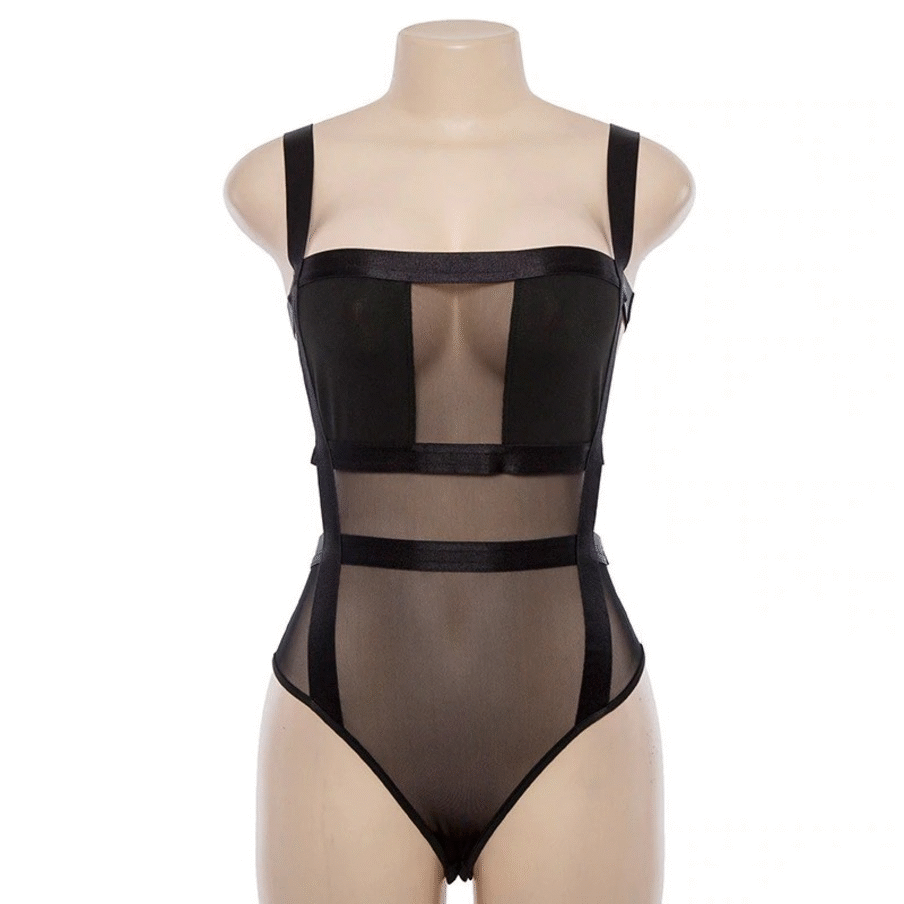 Black Transparent Sheer Mesh Bodysuit For Women Backless And Spaghetti Straps