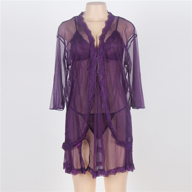 Women's Sexy Babydoll Nighty 3 Pieces Purple Satin Lingerie. Babydoll Transparent Style With Long Robe And Mesh Underwear