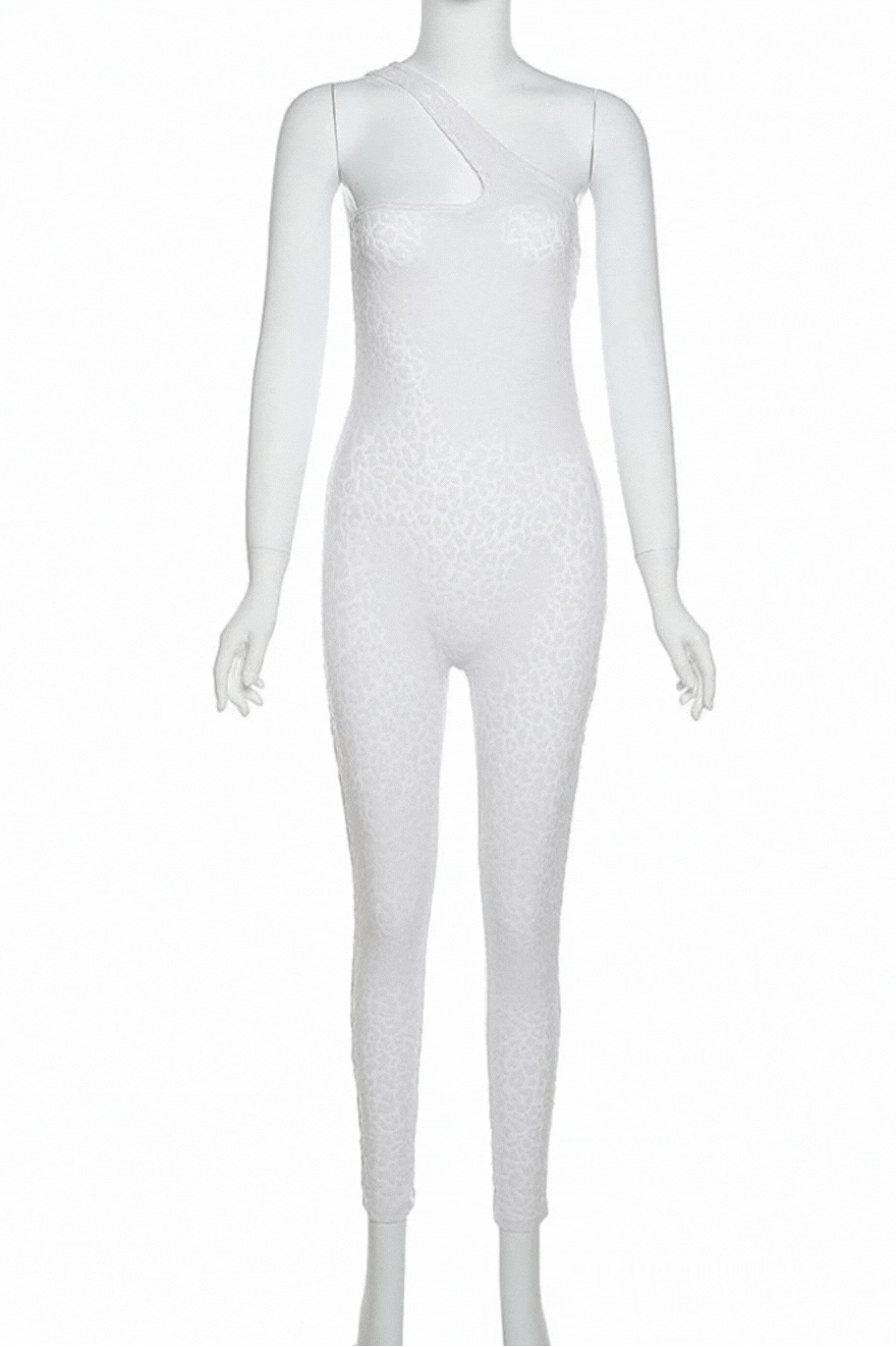 White Velvet One Shoulder Leopard Print Mesh Jumpsuit