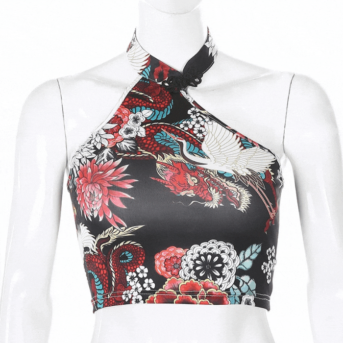 dragon print satin crop top