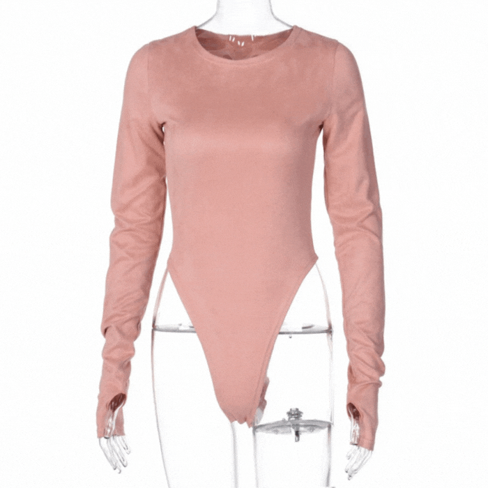 Pink Long Sleeve High Cut Suede Bodysuit
