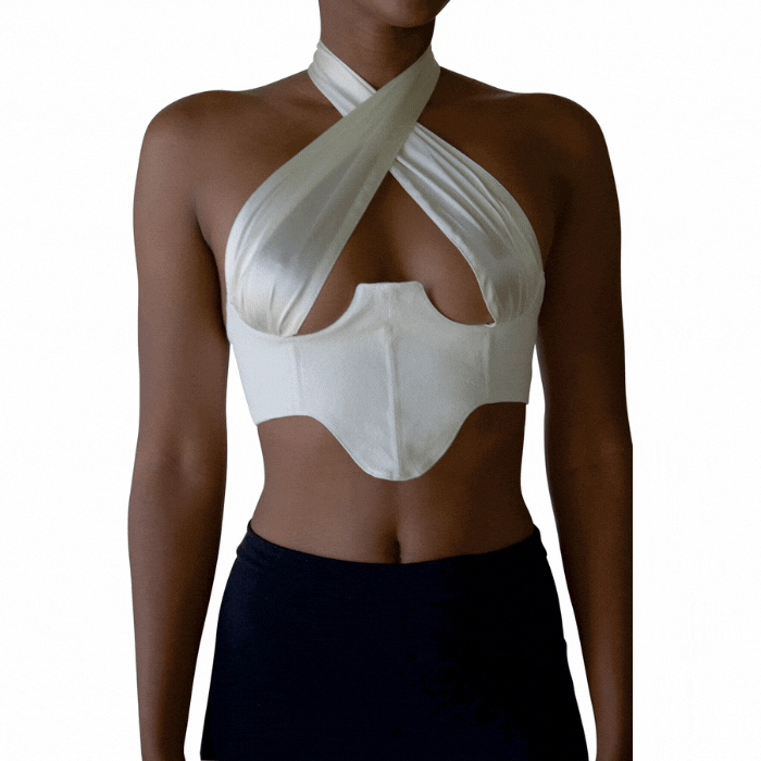 White Halter Wrap Satin Corset Crop Top